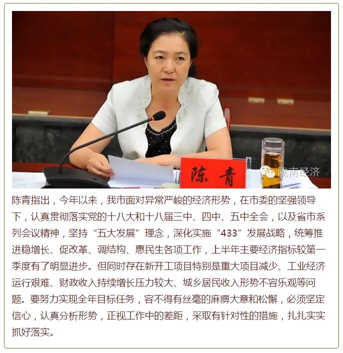 陳青在市政府全體會議上強(qiáng)調(diào)：緊盯一個目標(biāo)抓好九大任務(wù)落實強(qiáng)化三項保障，確保全市經(jīng)濟(jì)社會持續(xù)快速發(fā)展